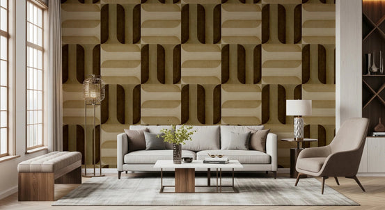 Modern Textured Signs Earthy wallpaper with a brown and tan basket-weave pattern behind a cream sofa and brown armchair