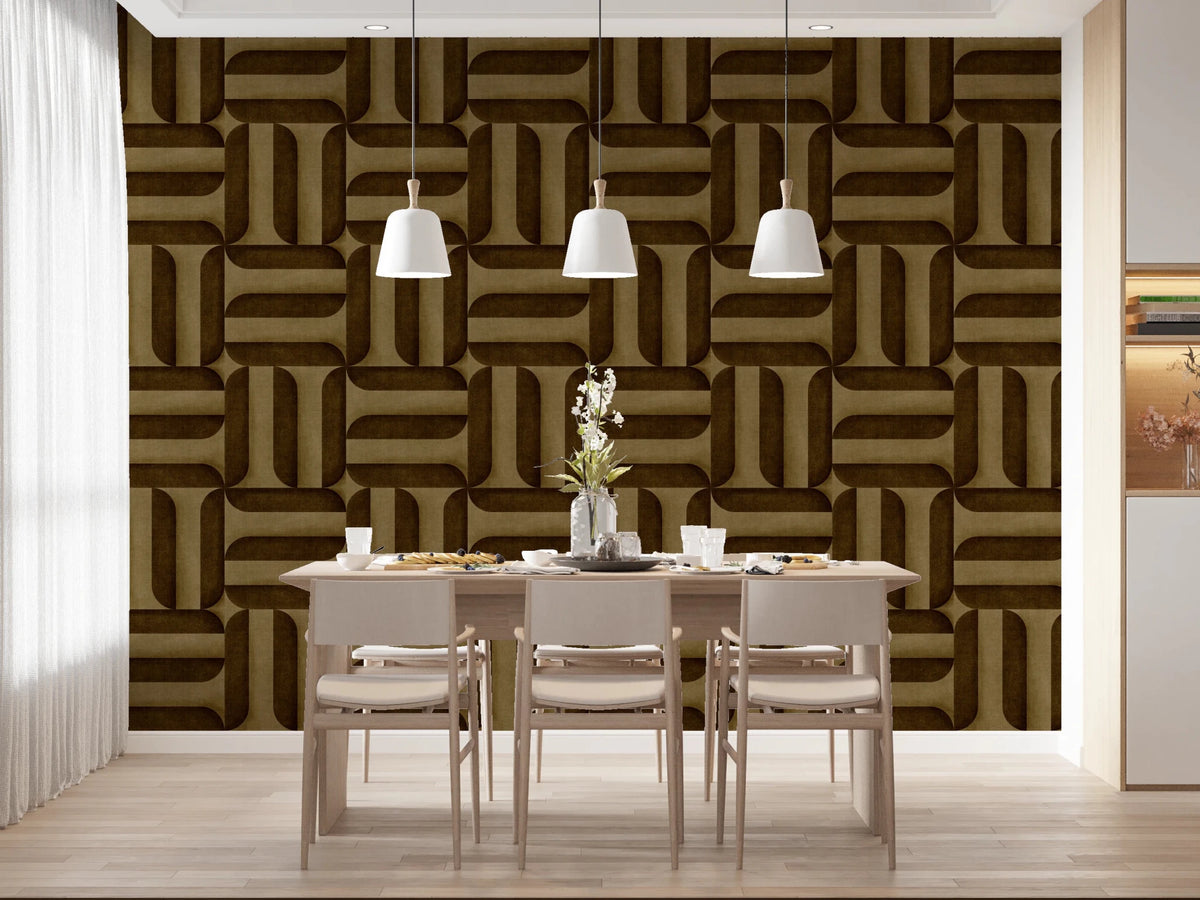 Modern Textured Signs Umber wallpaper with a dark brown basket-weave pattern behind a wood dining table and chairs