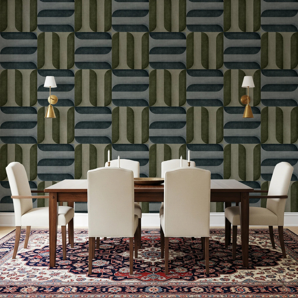 Modern Textured Signs Winter wallpaper in olive and slate geometric shapes behind a wood dining table and cream chairs on a patterned rug
