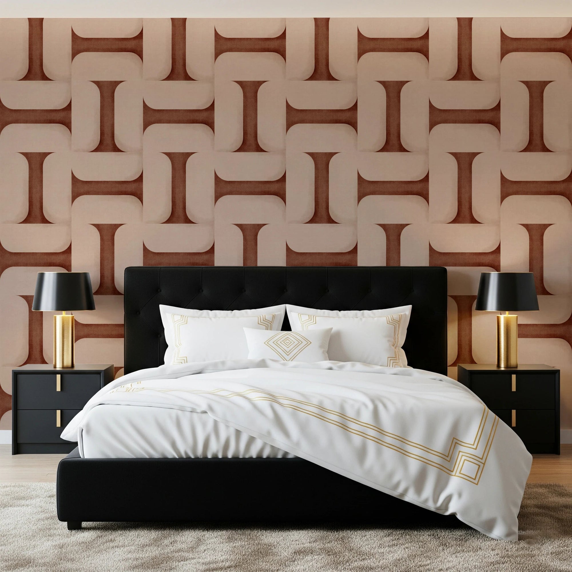 Modern Textured Tiles Copper wallpaper in rust and blush interlocking pattern behind a black tufted bed and gold lamps in a bedroom