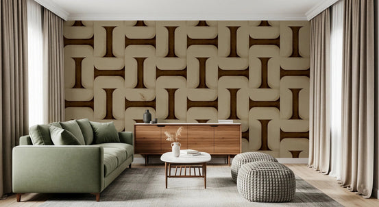 Modern Textured Tiles Umber wallpaper in brown and cream interlocking pattern behind a sage green sofa and walnut sideboard