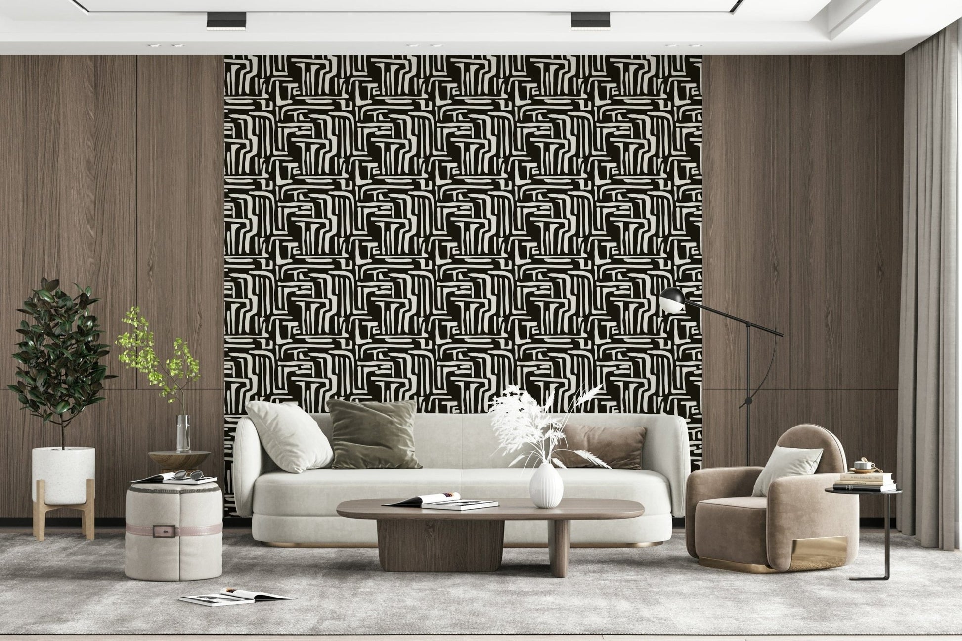 Artistic patterned backdrop, bold repetitive style, Modern Tribal Maze design.