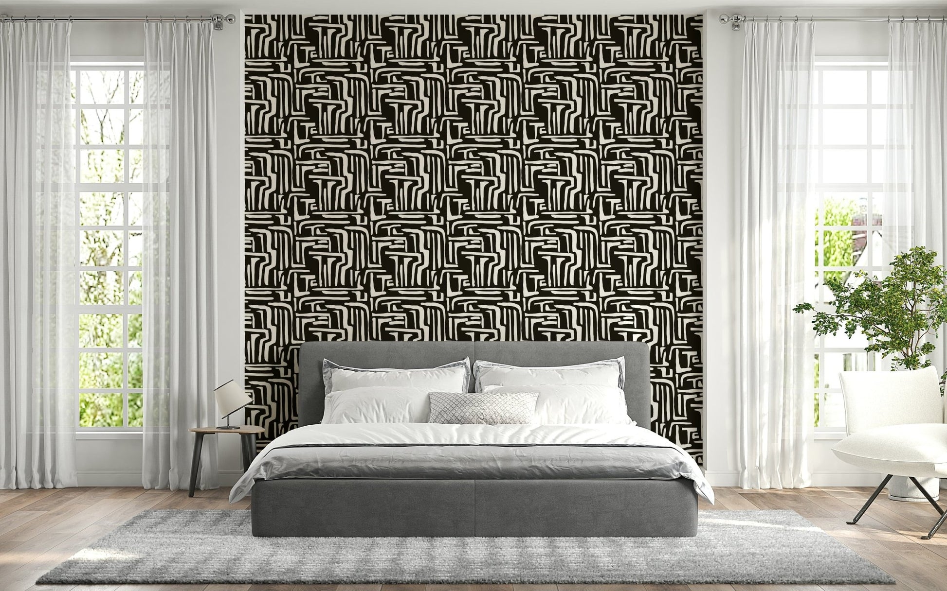 Interconnected abstract shapes, Modern Tribal Maze contemporary wall mural.