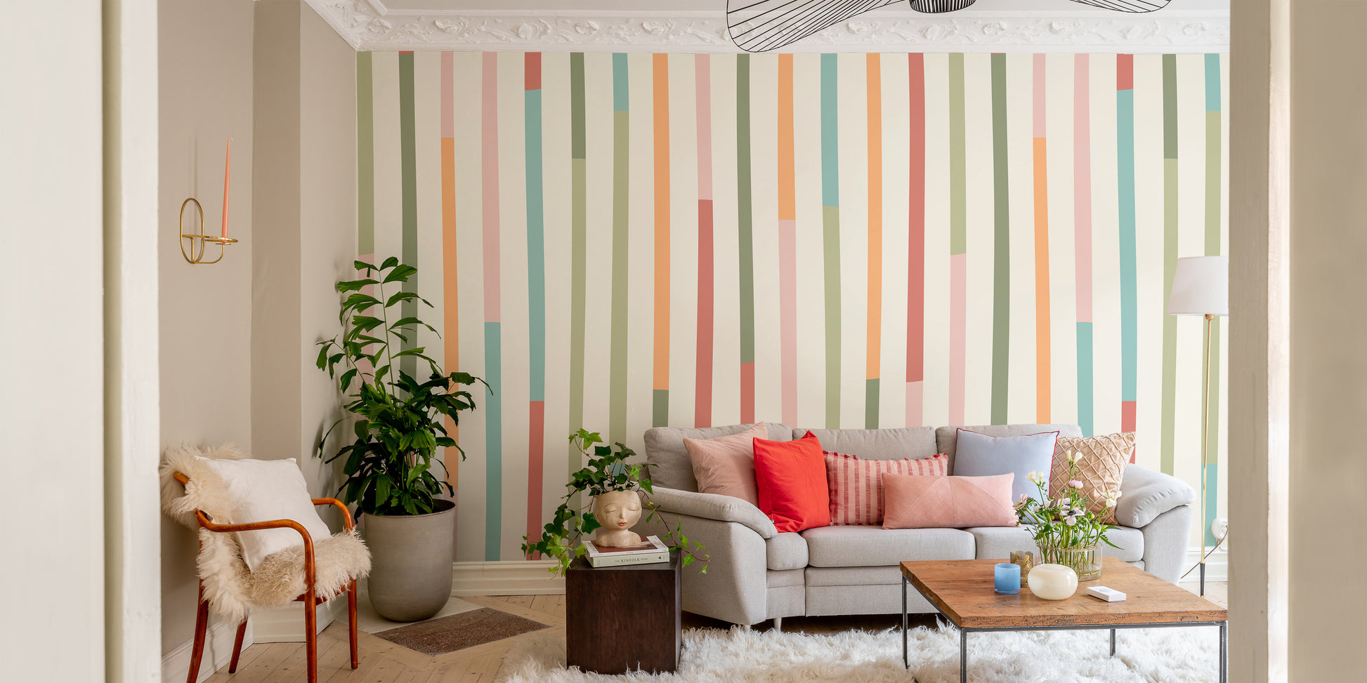 Contemporary stripe pattern wall mural in trendy colors
