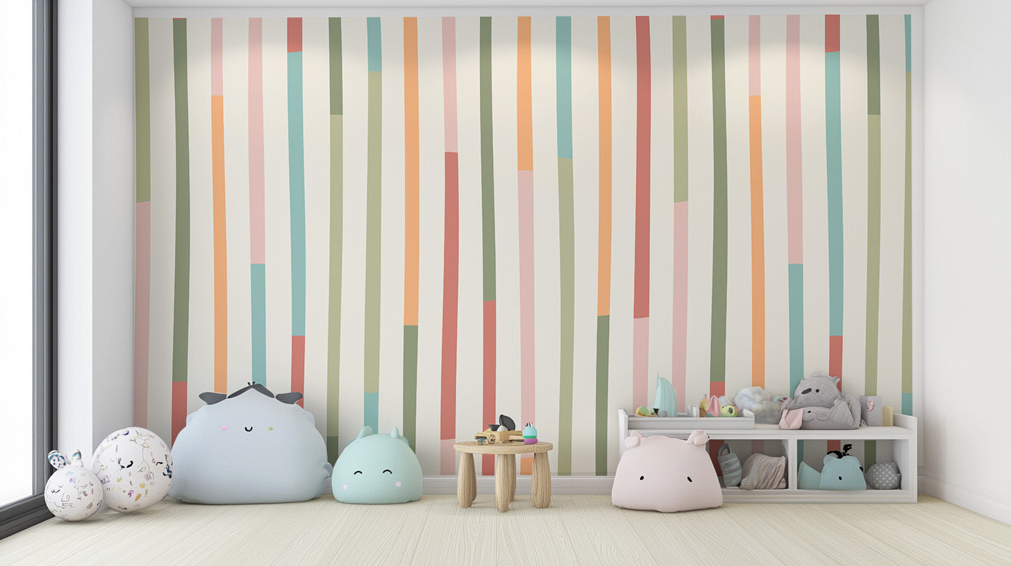Abstract vertical stripe wall mural with hand-drawn lines
