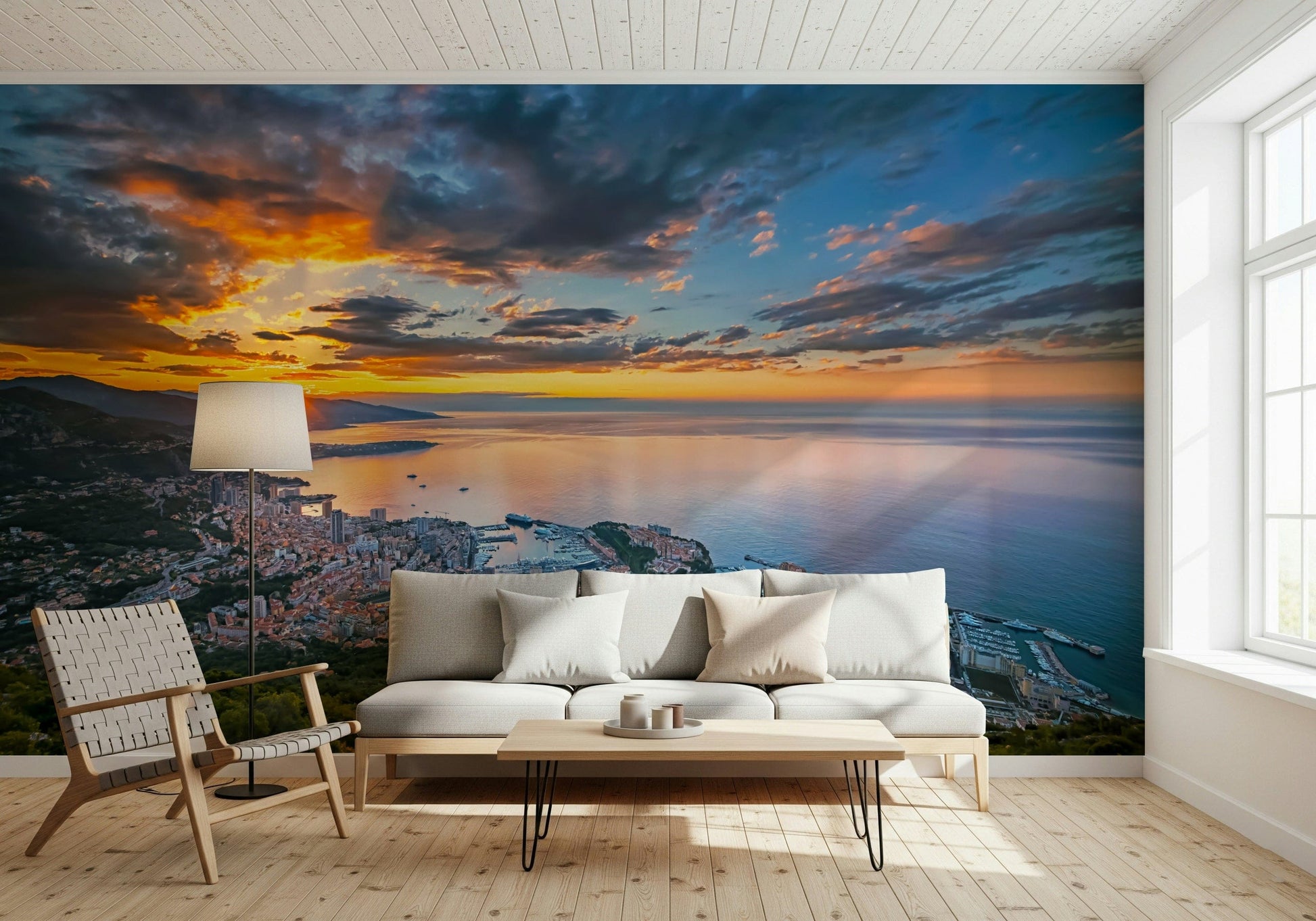 French Riviera architecture wallpaper for walls at dawn.