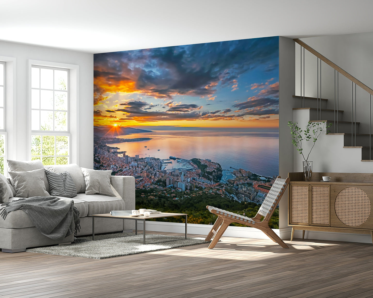 Panoramic ocean horizon peel and stick wallpaper scenery.