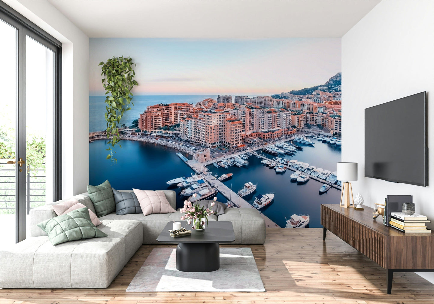 High-angle Monaco Marina wallpaper blue ocean waters detail.