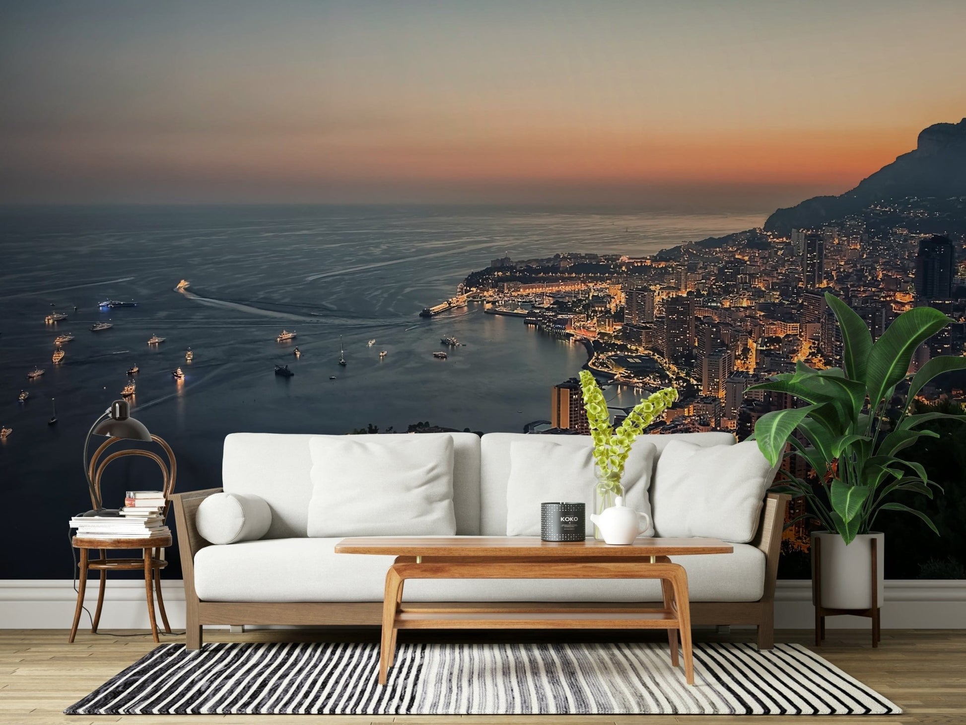 Monaco Nights peel and stick wallpaper with mountain silhouette.