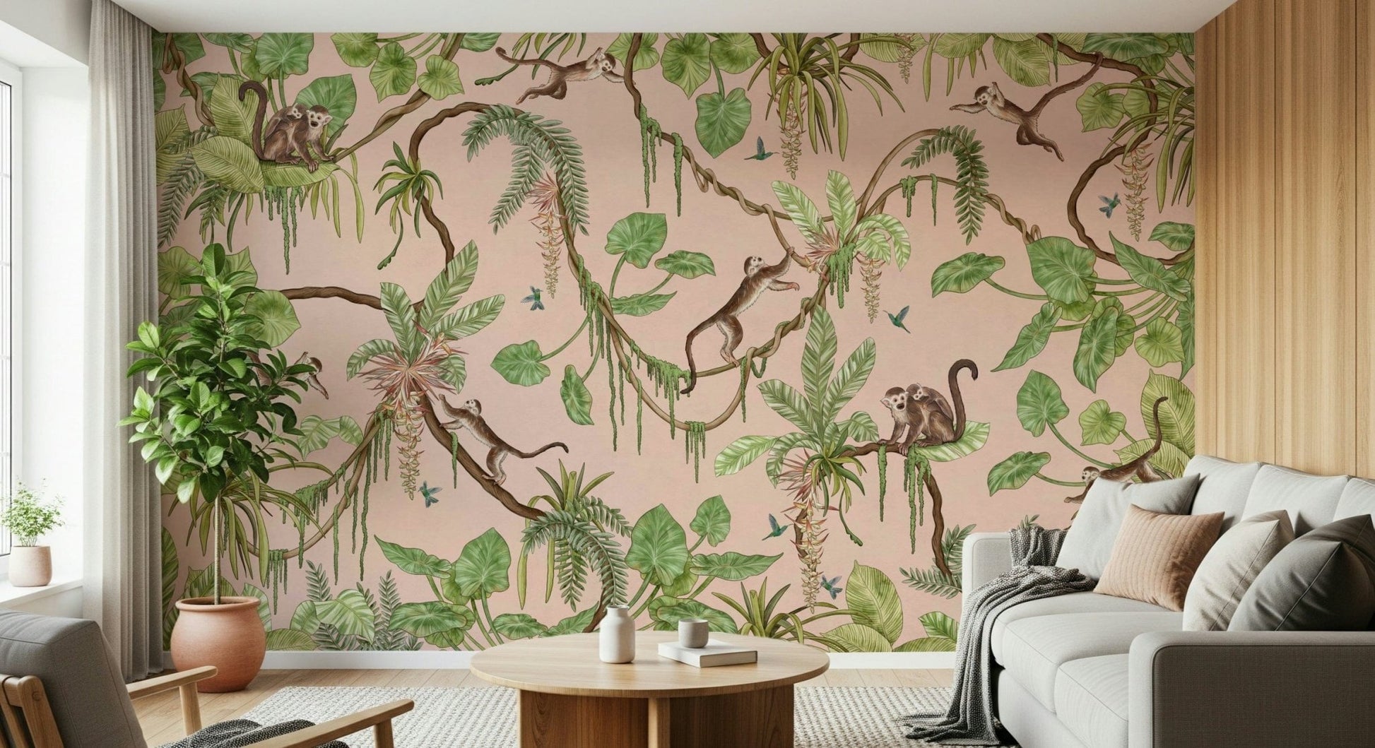 Jungle-inspired wall art with monkeys exploring a lush paradise setting