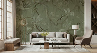 Artistic wall covering blending monkeys with dense jungle plants