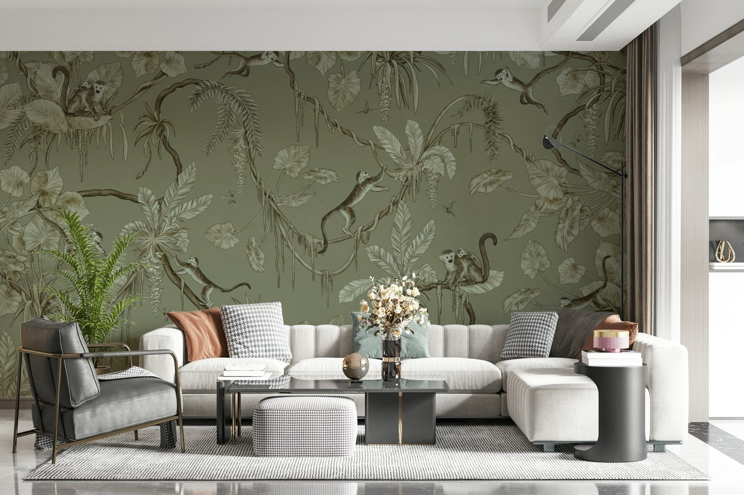 Tropical jungle wall art with monkeys in a lush and vibrant setting