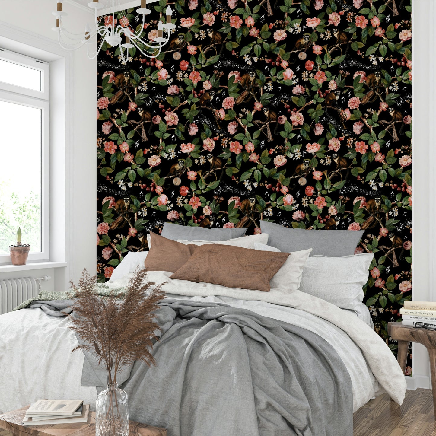 Wallpaper featuring monkeys, musical notes, and vibrant jungle elements.

