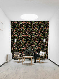 Tropical wallpaper with lively monkeys, flowers, and whimsical melodies.

