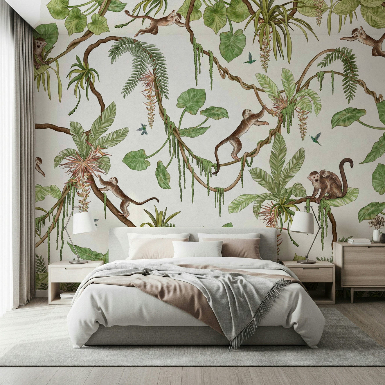 Lively monkeys perched on branches in a tropical setting – animal wallpaper, jungle wallpaper, tropical wallpaper.