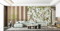 Jungle-inspired wall art with lively monkeys and tropical plants – animal wallpaper, jungle wallpaper, tropical wallpaper.