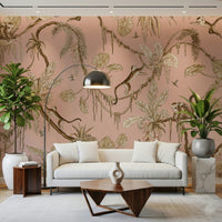 Playful monkeys in a blush-toned tropical grove wall mural