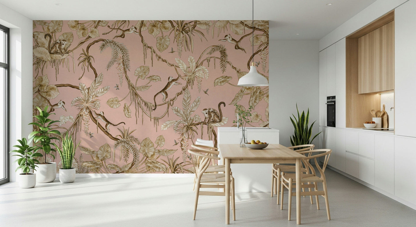 Artistic wall mural blending monkeys and blush-toned botanical patterns