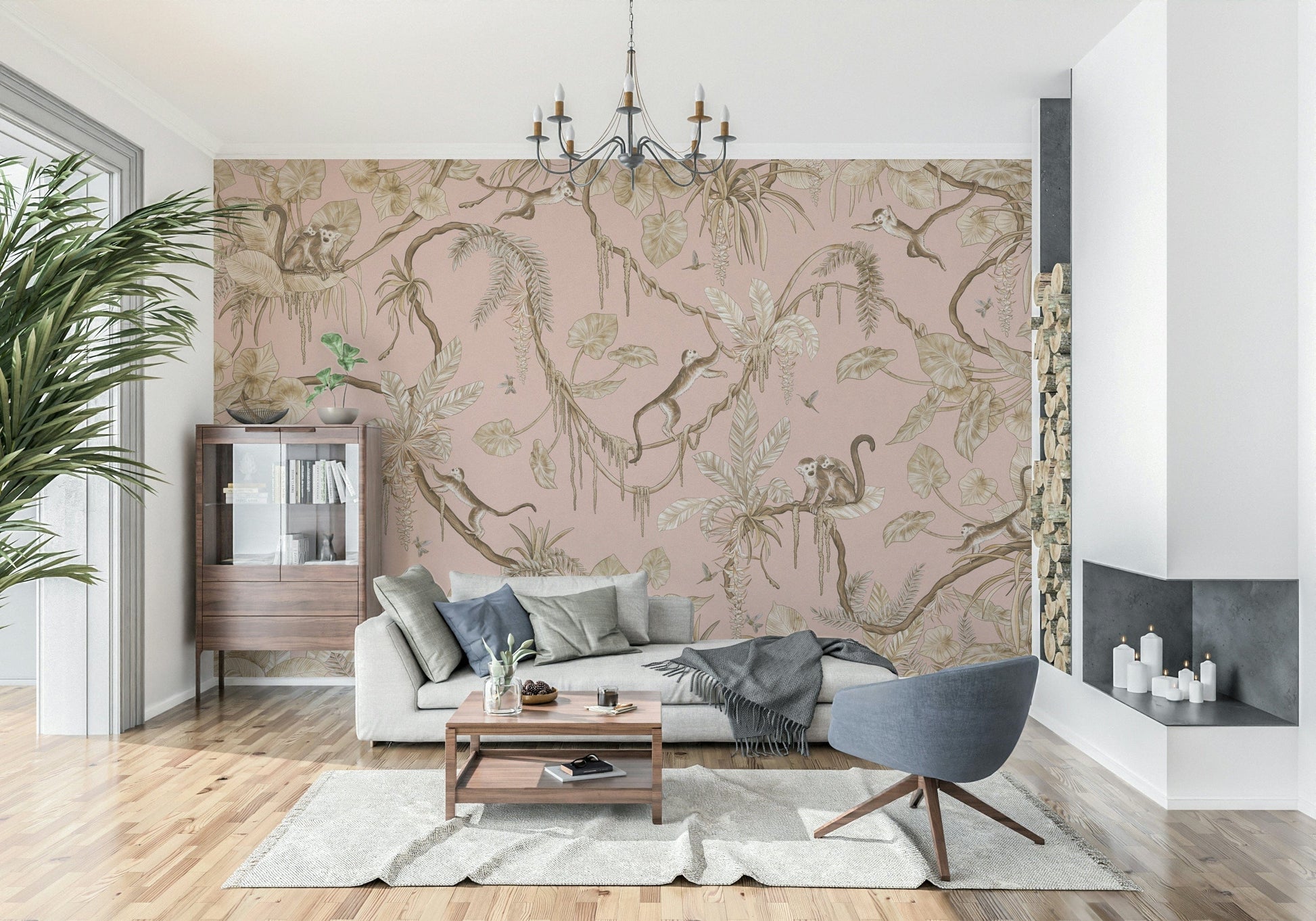 Lively mural of monkeys climbing trees surrounded by blush-hued foliage