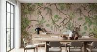 Lively mural of monkeys climbing trees in a serene tropical paradise