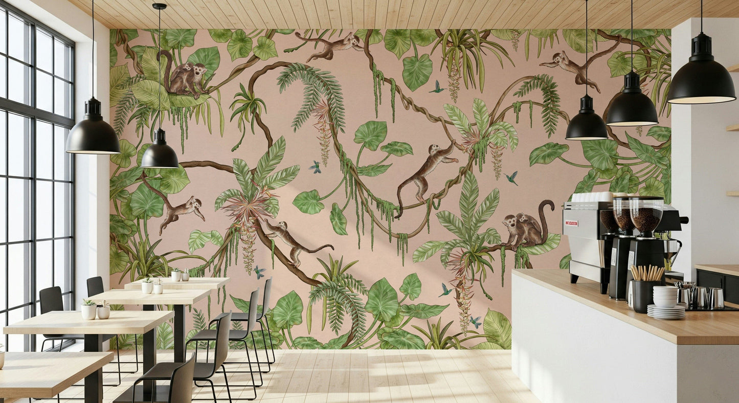 Nature-inspired wall art with monkeys exploring flowering trees and vines