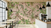 Nature-inspired wall art with monkeys exploring flowering trees and vines