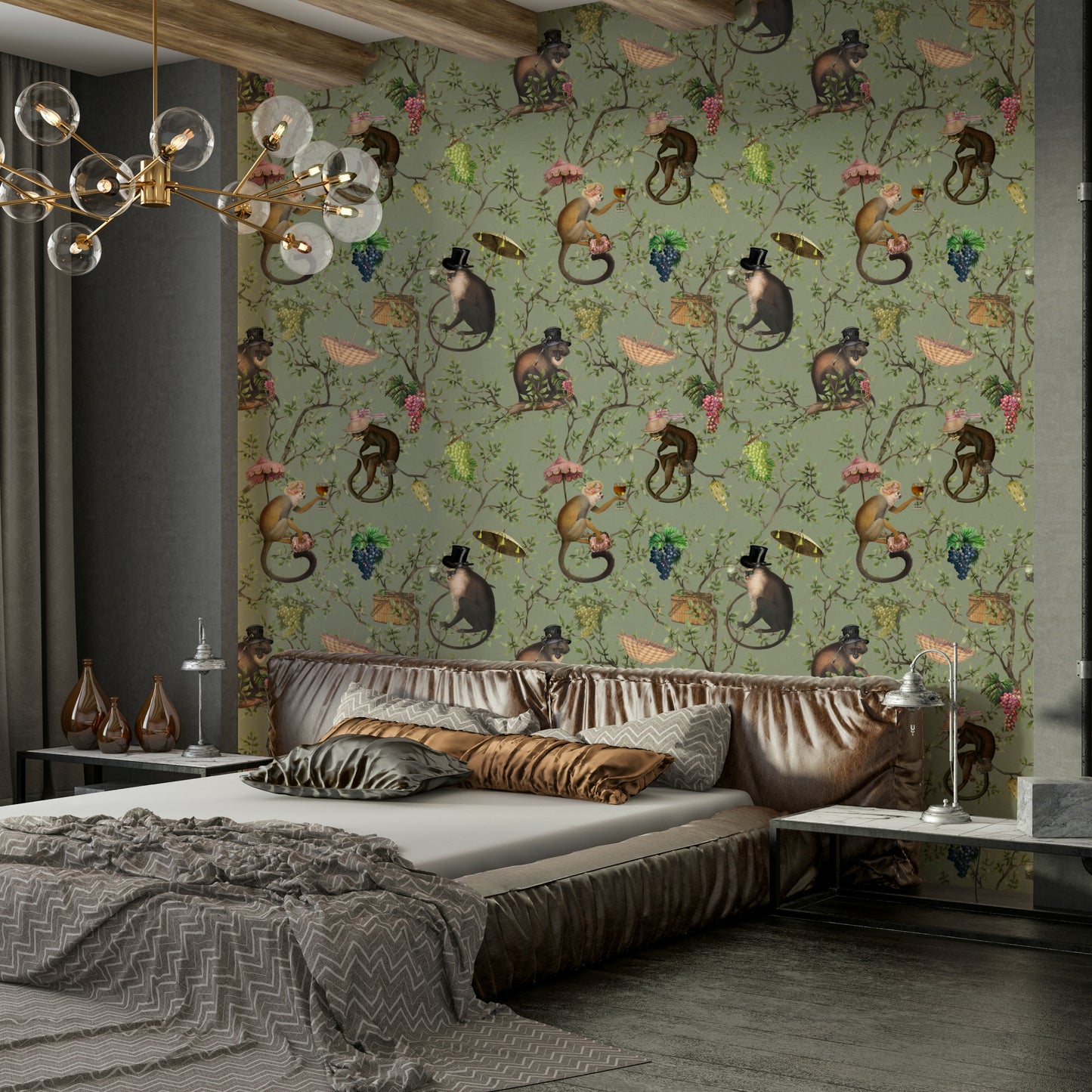 Monkeys in the Vineyard design with playful primates and botanical accents.

