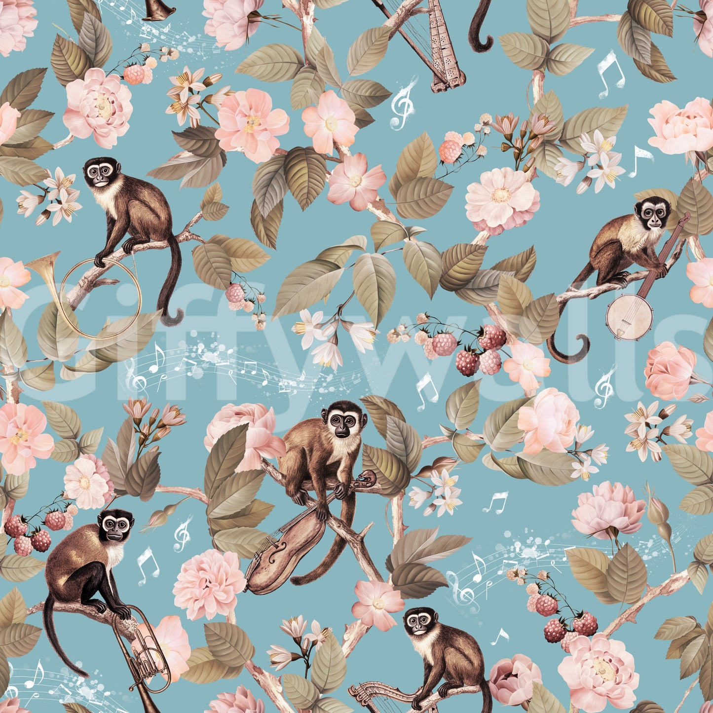Tropical wallpaper with monkeys and melodies in a whimsical jungle setting.

