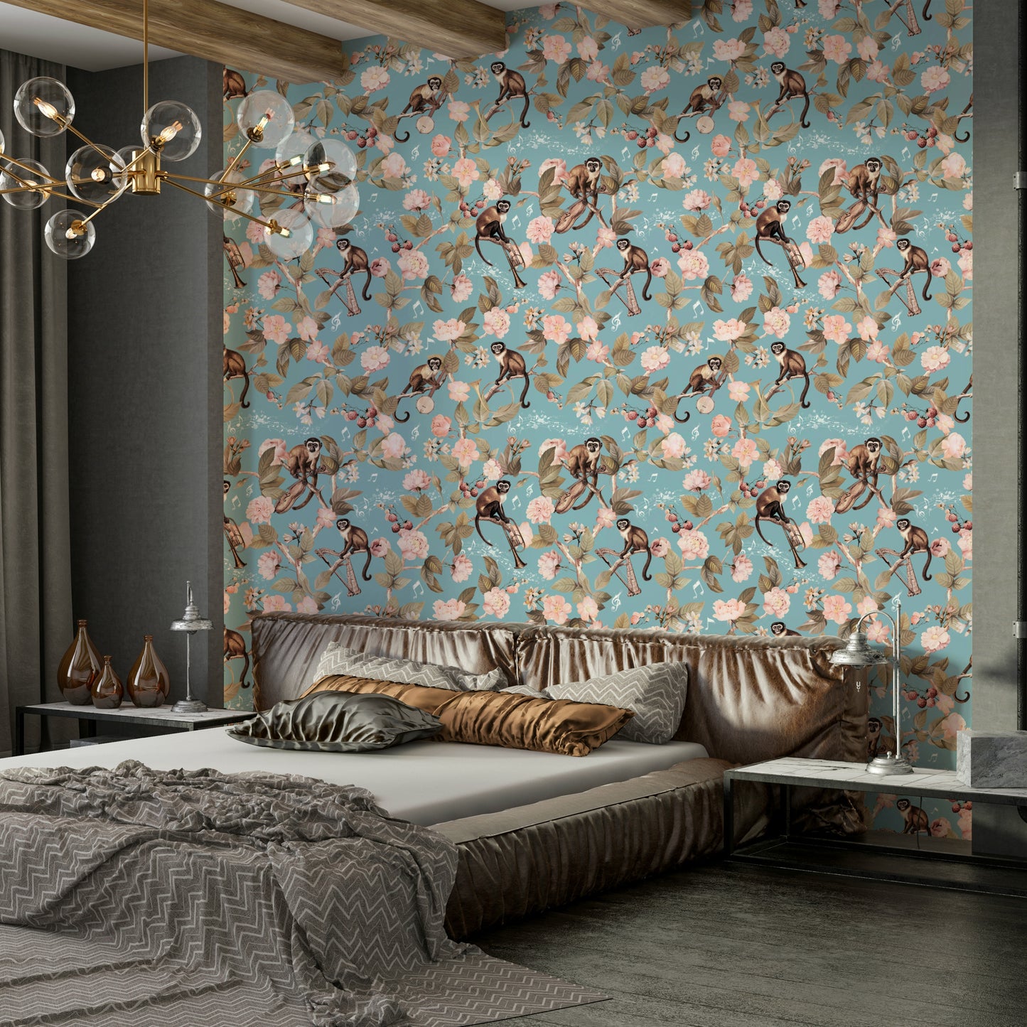 Close-up of monkeys playing among musical notes and tropical foliage.

