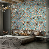 Close-up of monkeys playing among musical notes and tropical foliage.

