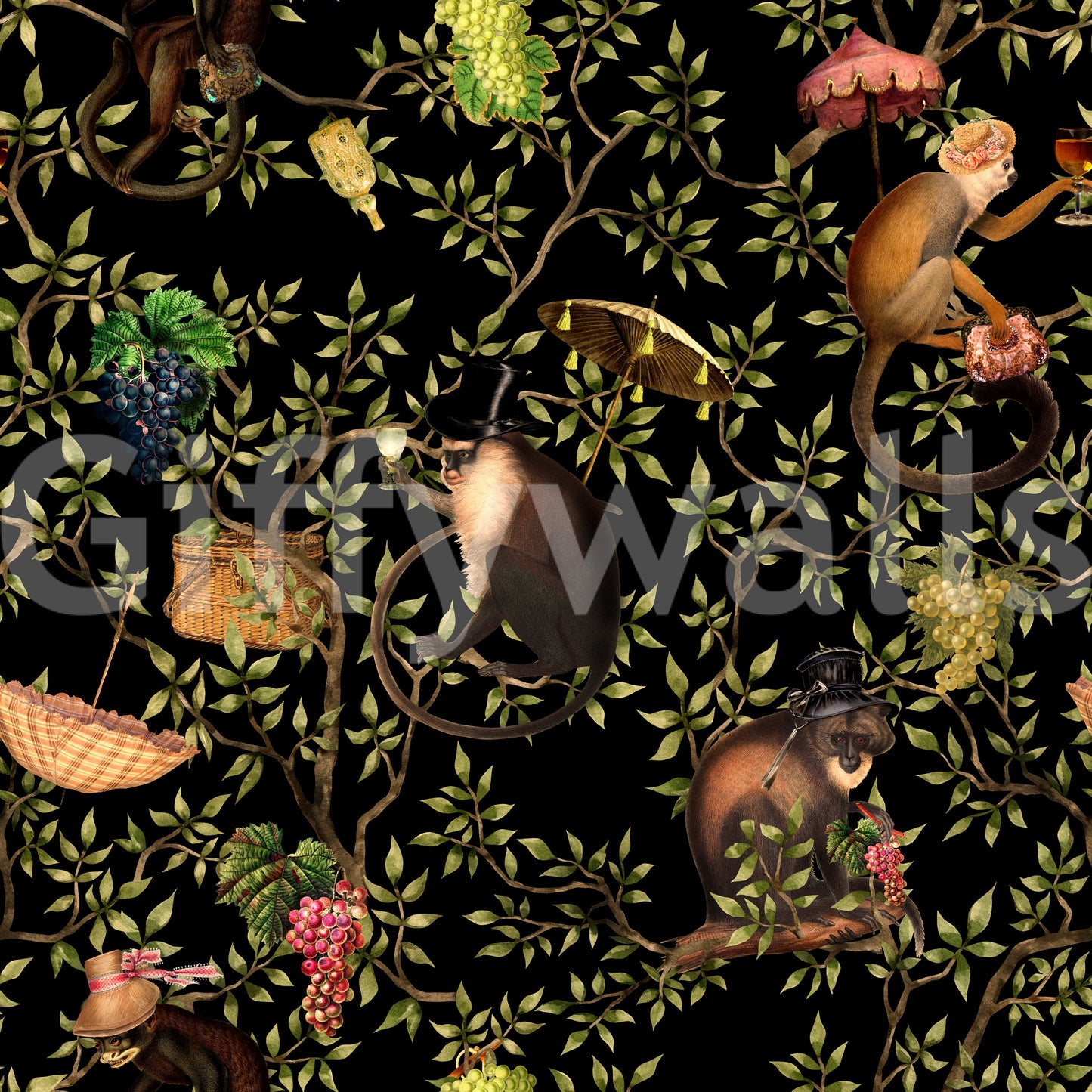 Playful wall mural with monkeys swinging through tropical vines.

