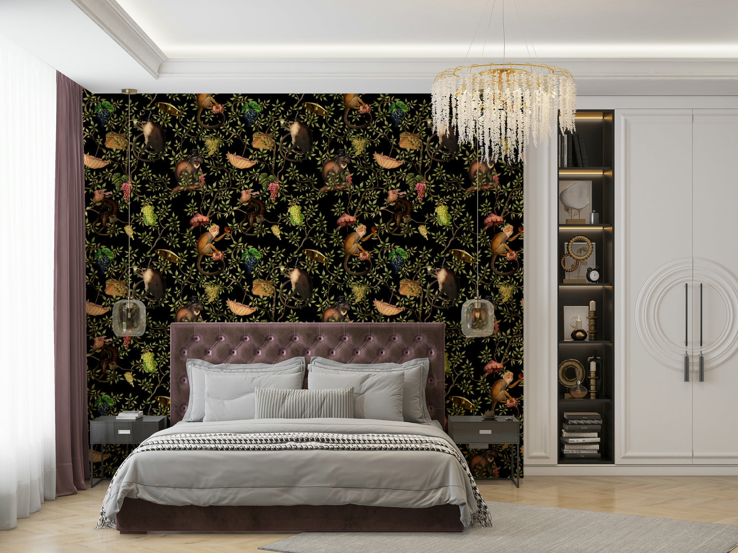 Wallpaper with monkeys swinging from vines and surrounded by tropical blooms.

