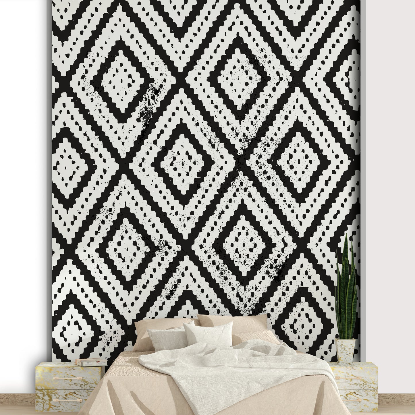 Minimalist mural wallpaper in grayscale tones

