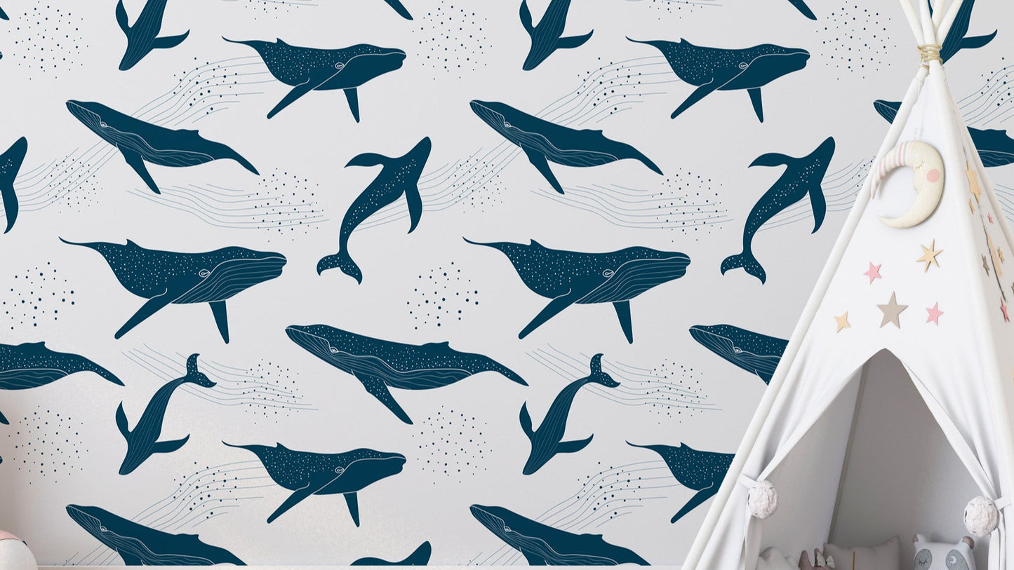 Elegant monochrome blue whale wallpaper