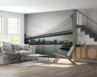 Monochrome Bridge wallpaper Massive cables, distant city towers.