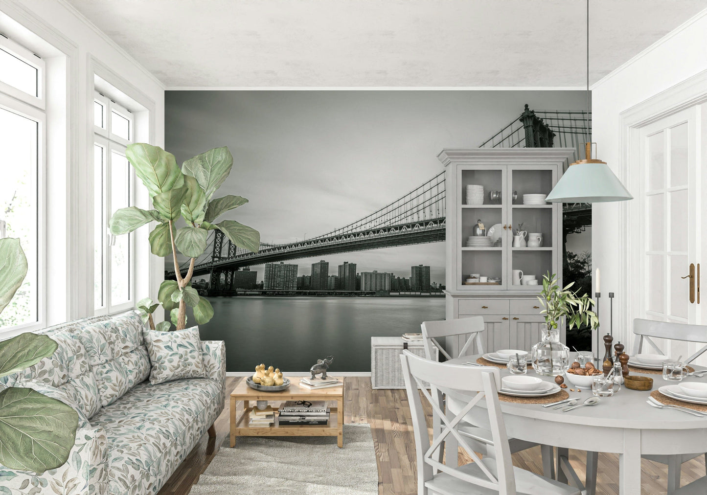 Bridge in Monochrome canvas Suspended roadway, solid stone base.