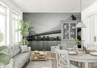 Bridge in Monochrome canvas Suspended roadway, solid stone base.