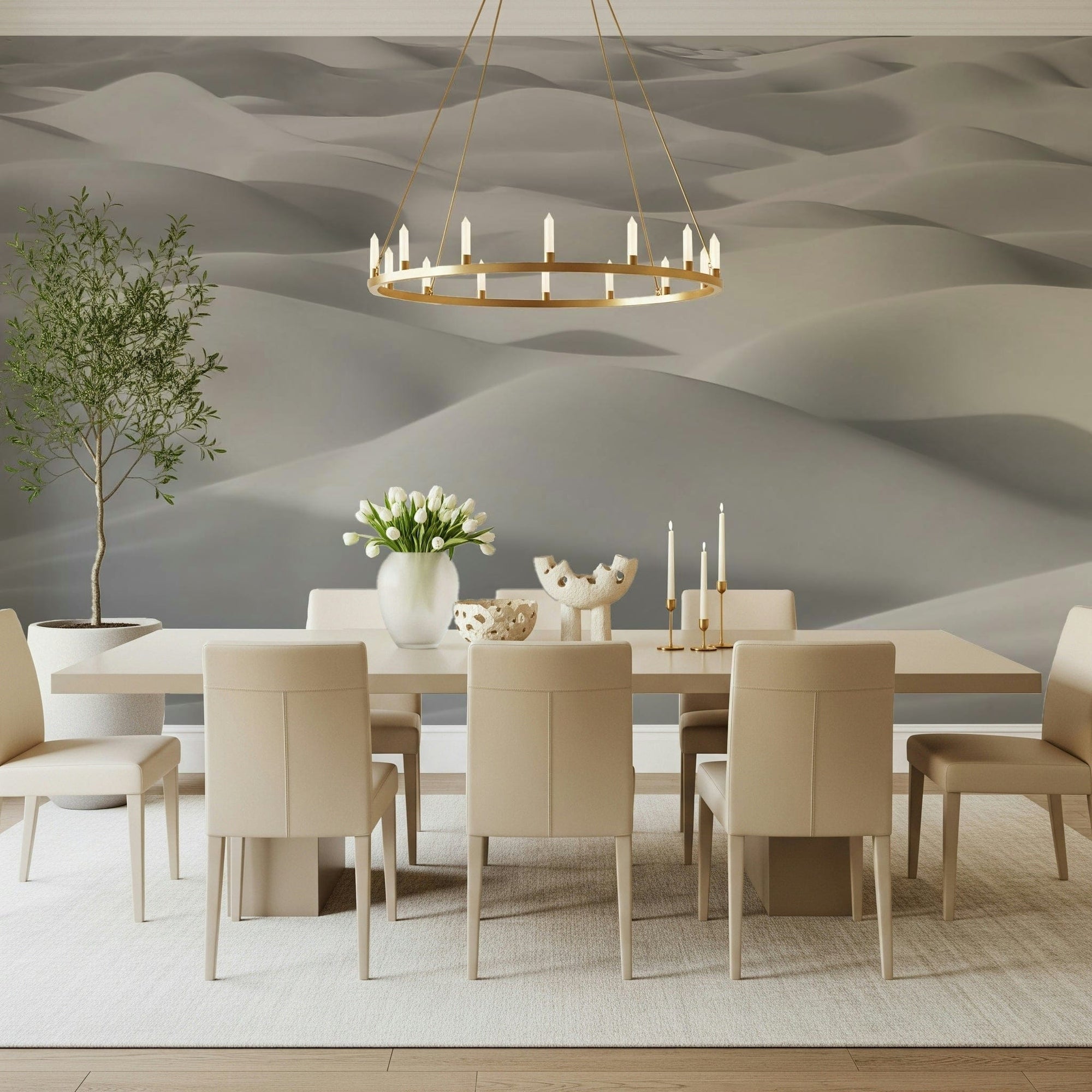 Desert Dunes mural of smooth grey sand waves behind a light wood table and beige chairs in a dining room