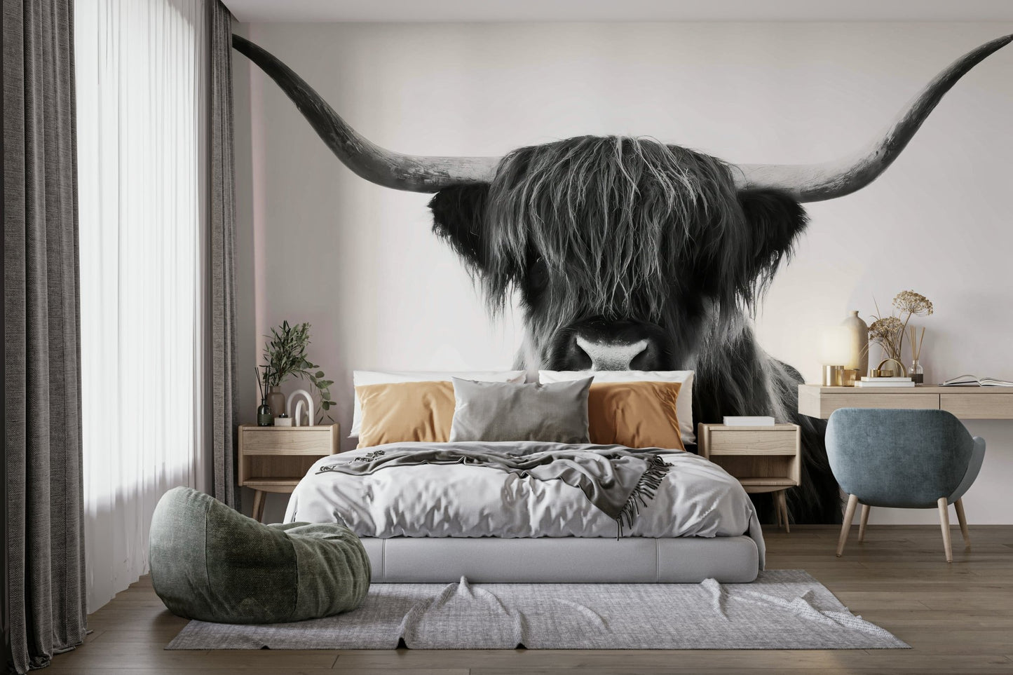 Elegant black‑white mural featuring Scottish cattle close‑up

