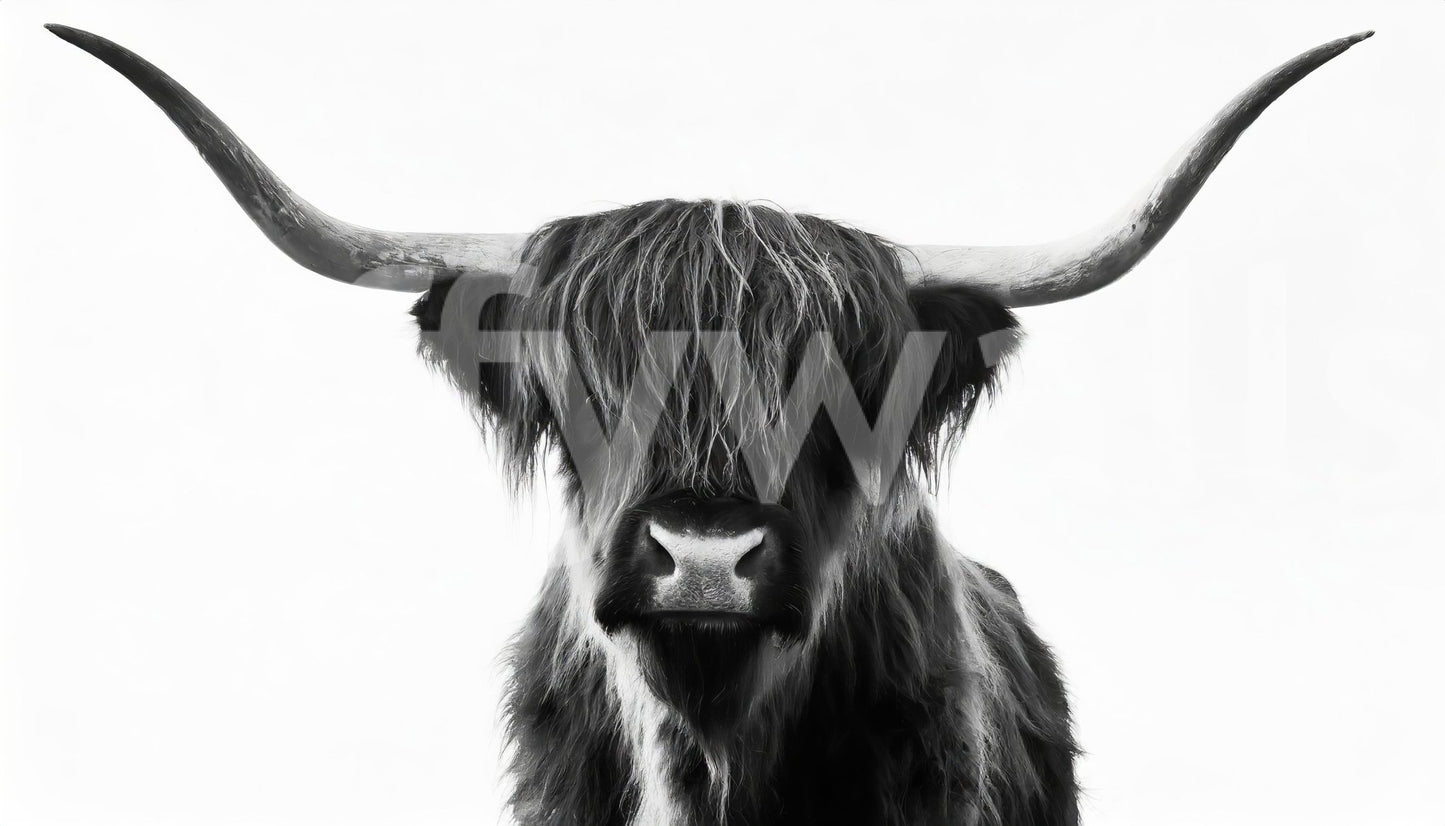 Subtle pastoral feel in monochrome horned cow wallpaper

