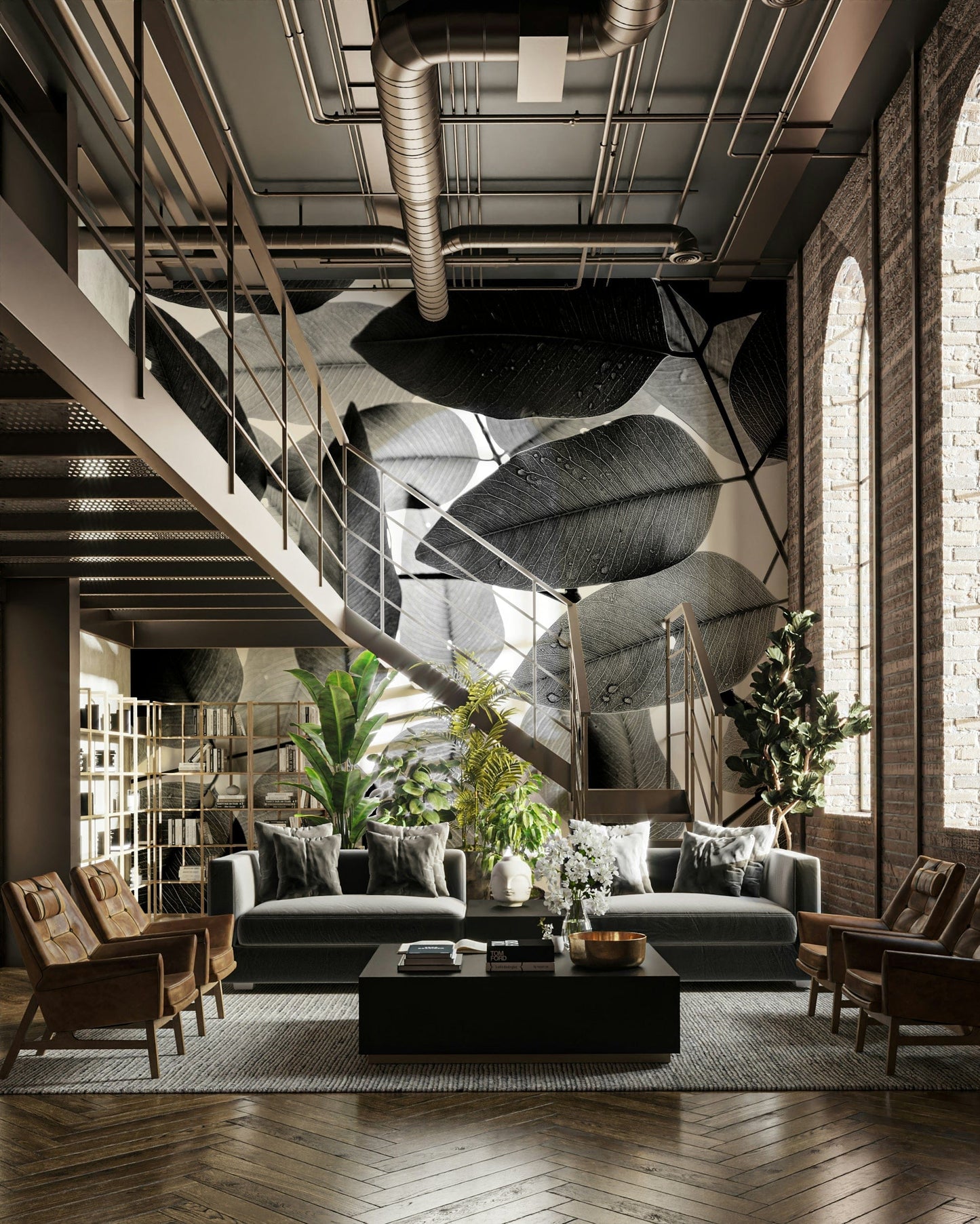 A contemplative leaf design wallpaper mural for a feature wall.

