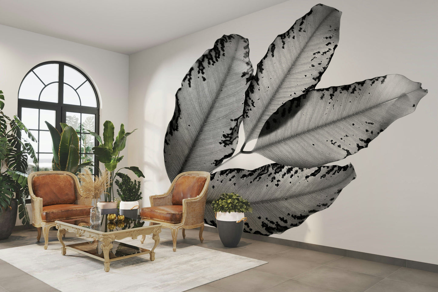 A beautiful modern art wall mural of leaves and branches.

