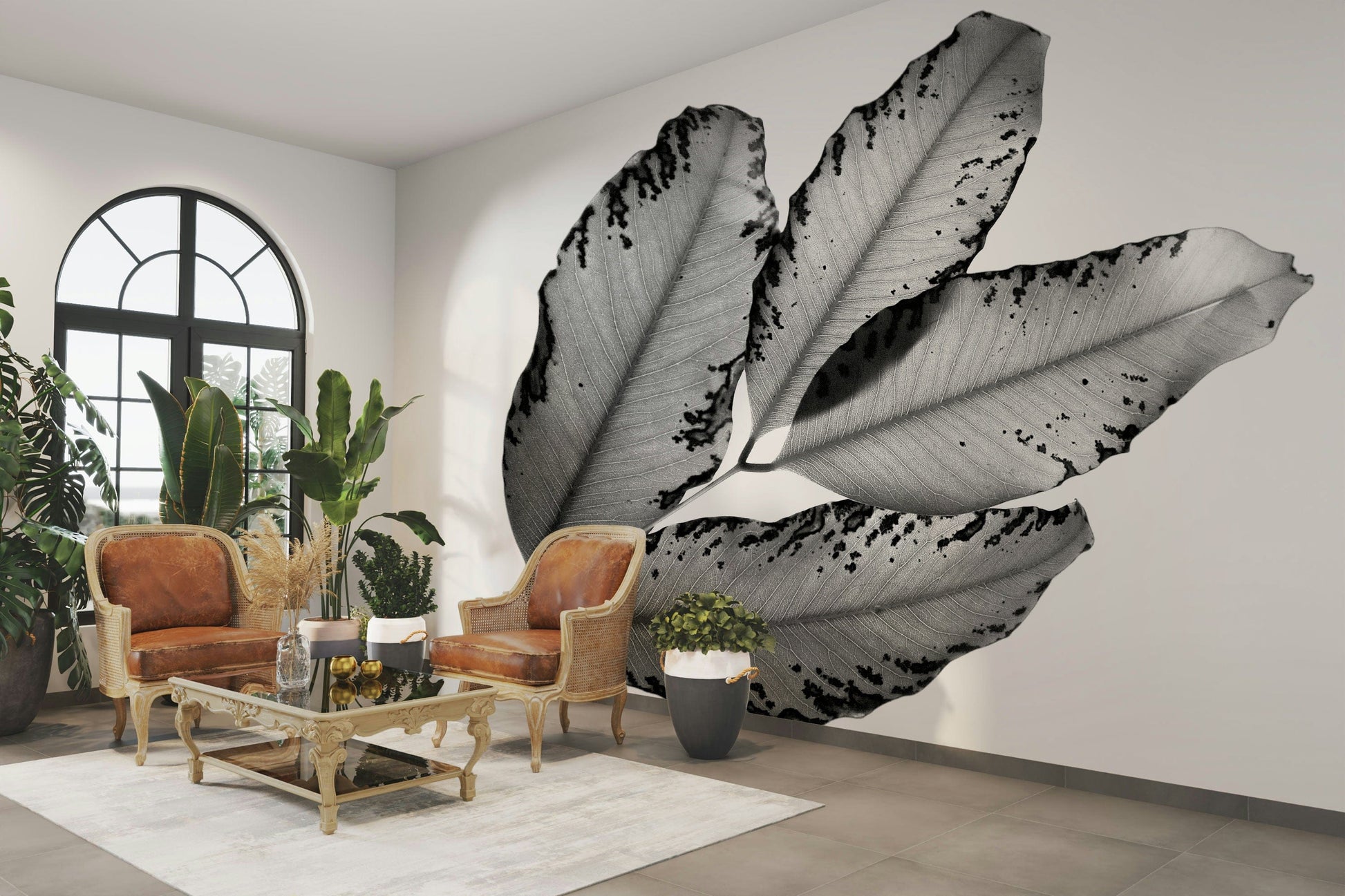 A beautiful modern art wall mural of leaves and branches.

