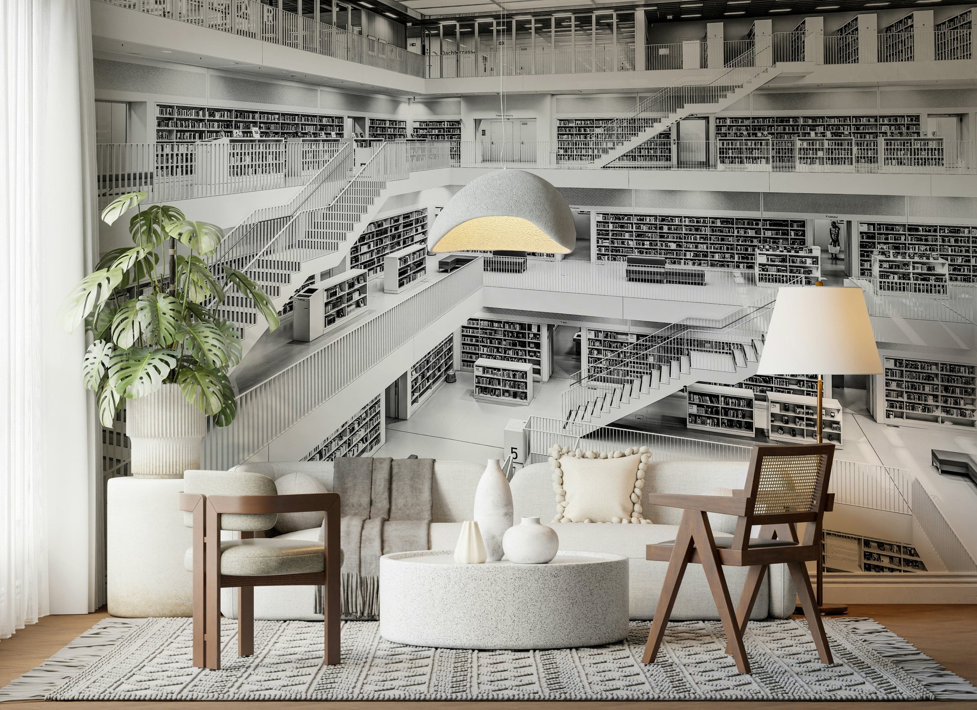 Library-inspired wallpaper in black and white for stylish and cozy interior decor.