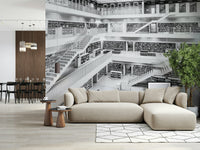 Wall mural featuring monochrome bookshelves for a chic, modern literary aesthetic.