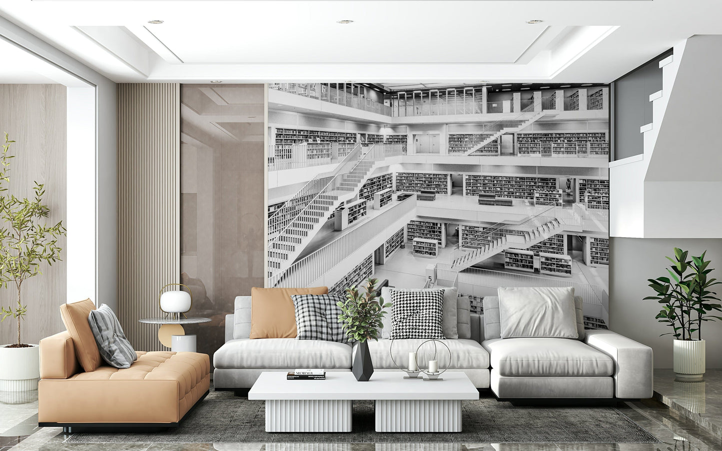 Black-and-white library wall covering adding elegance and literary charm to interiors.