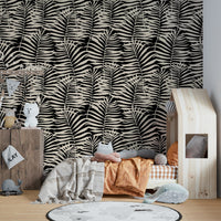 The design is a dense, repeating pattern of large palm leaves.
