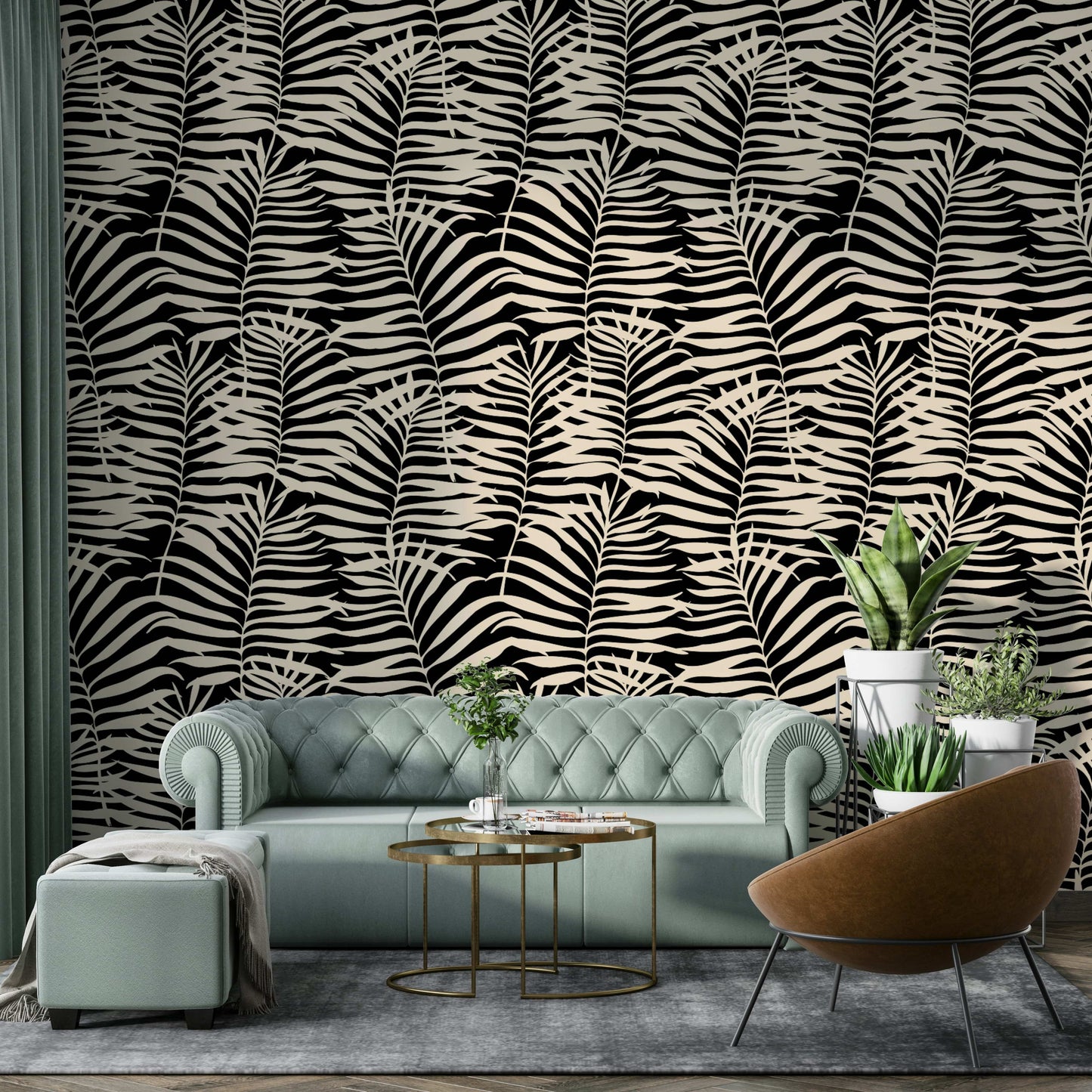 The wallpaper is shown in a stylish living room setting.
