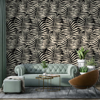 The wallpaper is shown in a stylish living room setting.
