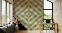 Monochrome diagonal stripes forming a geometric peak, giving the wallpaper a modern optical effect.